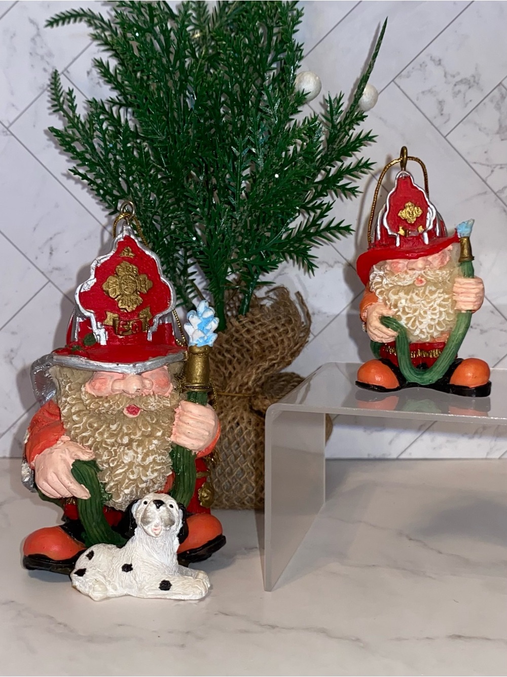 3/$15 Vintage Gnome Santa Firefighter Ornaments